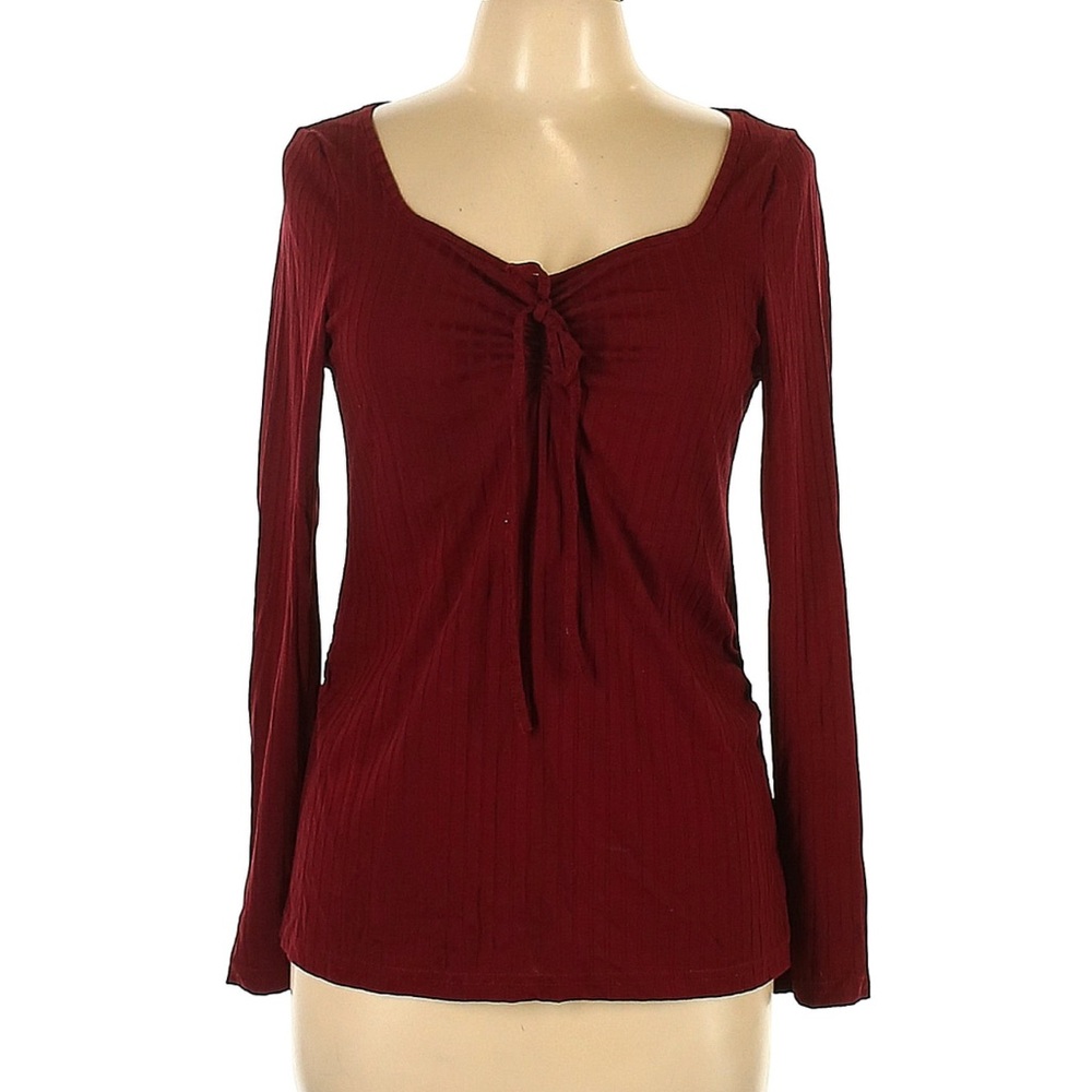 SHEIN Red Long Sleeve Fitted Blouse with Scoop Neck and Tie Front
